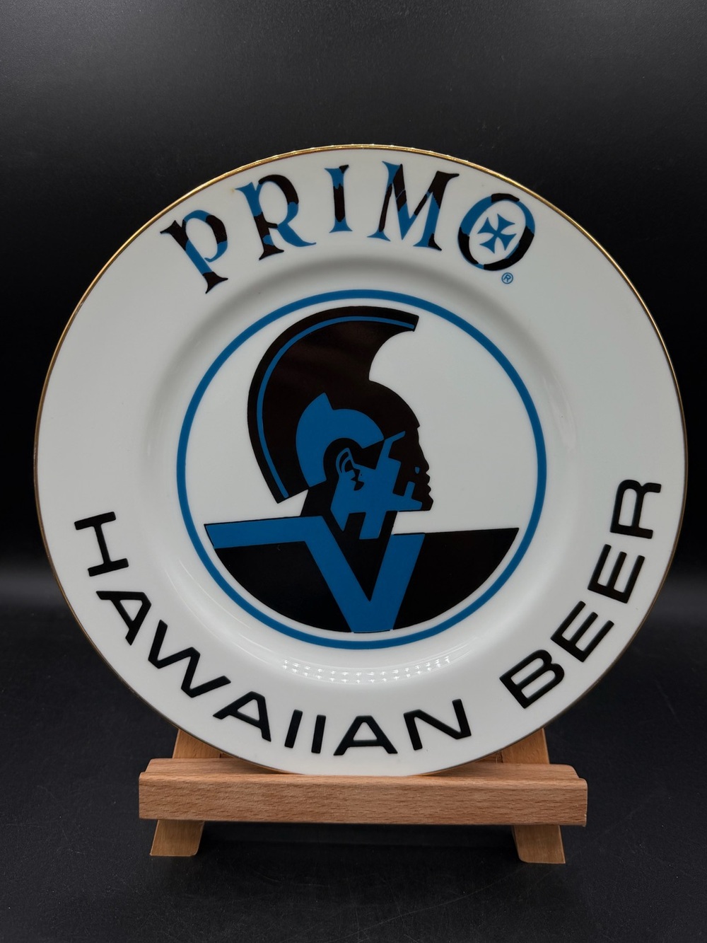 Primo Hawaiian Beer 10 1/4” Plate White with Blue and Black Logo Vintage